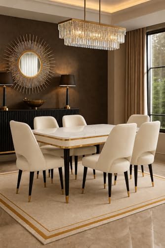 Image of WOODEN SPACE 6-Seater Wooden Dining Table Set | Nano Composite Marble Top | Solid Wood Base | Modern Dining Room Furniture with 6 Chairs (Beige Vintage)