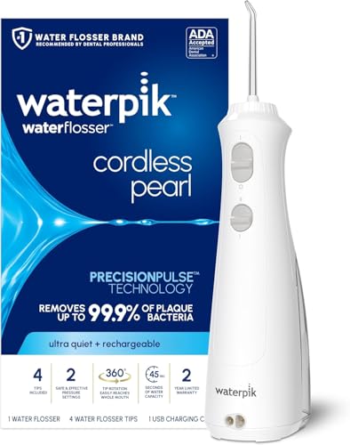 Waterpik Cordless Pearl Rechargeable Portable Water Flosser for Teeth, Gums, Braces Care and Travel with 4 Flossing Tips - CDA Validated, WF-13 White, Packaging May Vary