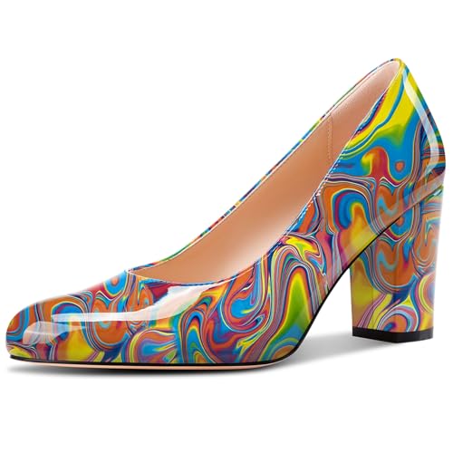 Castamere Womens High Chunky Block Heel Round Toe Pumps Slip-on Prom Dress Patent Leather 3.2 Inches Heels Cobalt Blue by Castamere
