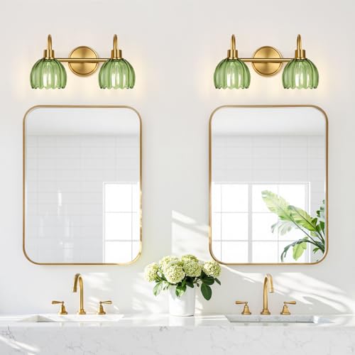 Image of 2-Light Bathroom Vanity Light, Brushed Gold Vanity Wall Light Over Mirror with Ribbed Green Tulip Glass Shade, Bathroom Light Fixtures for Bedroom, Living Room, Hallway