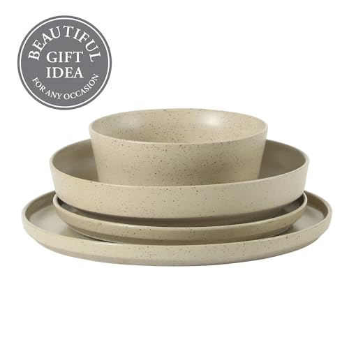 Image of Gibson Elite Overbrook 16-Piece Pottery Clay Stoneware Dinnerware Set - White Reactive Glaze, Stackable Plates and Bowls w /Pasta Bowl, Service for 4 - Microwave & Dishwasher Safe