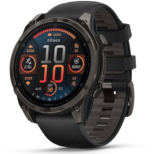 Image of Garmin Fenix 8 47mm AMOLED Sapphire Multisport GPS Smartwatch, Carbon Gray Titanium with Black Silicone Band, 010-02904-20 - Bundle w /Deco Essentials Charging Dock, Dust Cover and USB-C Cable
