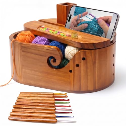 Oval Yarn Bowl Set with Lid Crochet Yarn Holder with 9pcs Knitting Hooks Large Wooden Yarn Storage with Phone Stand & Crochet Accessories Double Curling Slot Ideal Gift for Crochet Lovers