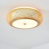 Aeyee Bamboo Flush Mount Ceiling Light Handwoven Rattan Light Fixture, 3 Lights Boho Ceiling Lamp fo