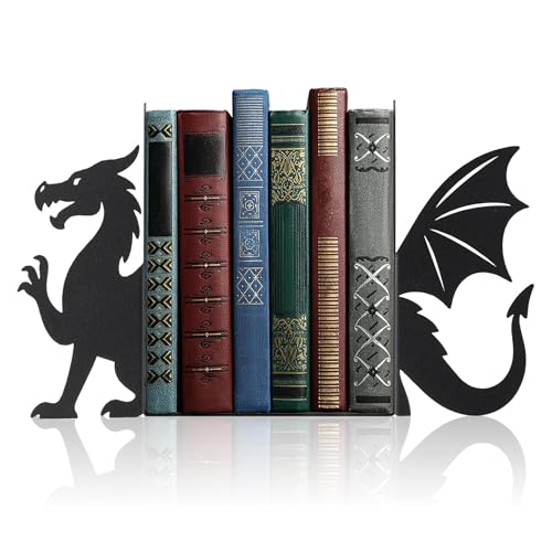 Image of Metal Dragon Bookends Set of 2 - Heavy Duty Metal Bookends for Shelves & Desk, Decorative Dragon Book Holder Stand, Non-Slip Book Organizer for Table, Fantasy Book Ends for Home Office & Gamers