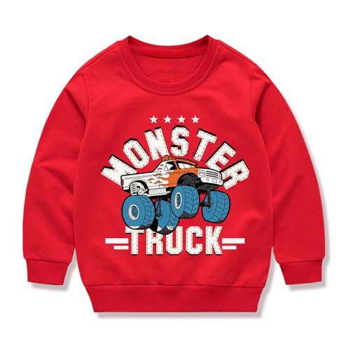 AQYLXLHH Toddler Boys Monster Truck Sweatshirt Long Sleeve Crewneck Pullover Shirt Casual Cotton Fall Clothes for Kids Red 4T