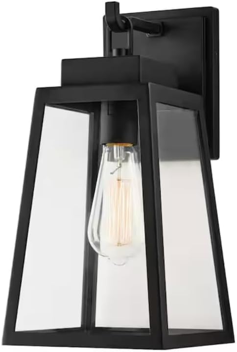 Hampton-Bay Corbin Medium Modern Outdoor Wall Light, 13-inch Black Lantern Sconce, Clear Glass