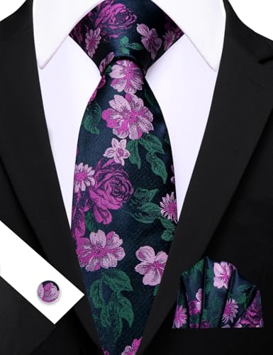 Image of Barry.Wang Flower Ties for Men Handkerchief Cufflinks Set Wedding Necktie Set Party