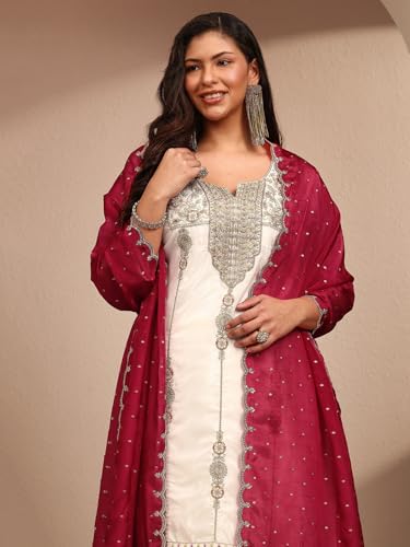 Image of Plus Size Embroidered Organza Straight Kurta With Trouser and Dupatta