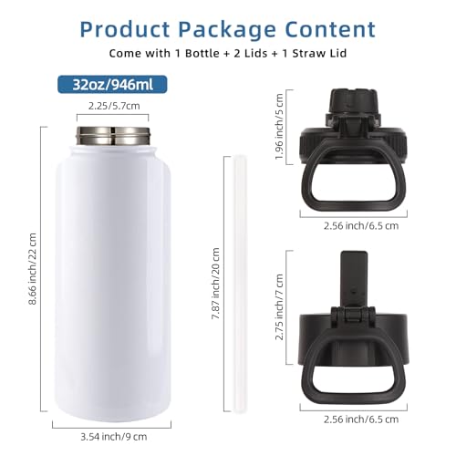 Image of Volhoply Sublimation Insulated Water Bottles Blank Bulk 4 Pack, 32 oz Stainless Steel Sports Bottle with Straw, Double Walled Vacuum Metal Water Flask with Wide Mouth(Sublimation,4)