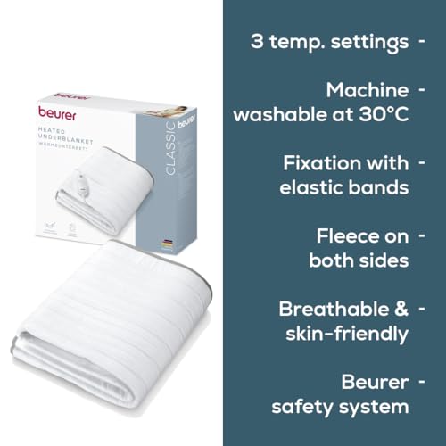 Image of Beurer German Engineering TS 17 Single Electric UnderBlanket for Single Bed I German Engineering I Non-Slippery due to Elastic Band I 3 Temperature Levels I Overheat Protection I OEKO-TEX Certified I Removable Switch I Machine Washable at 30 C I Grey