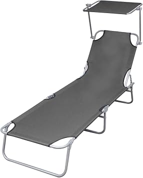 Outdoor Chair Reclining Beach chairFolding Sun Lounger with Canopy Steel GraySuitable for Gardens, courtyards, and patios