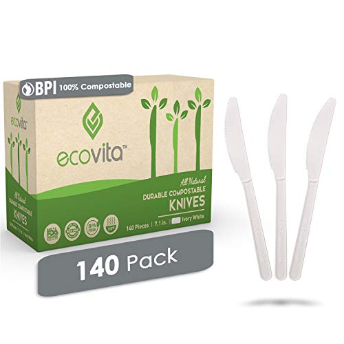 100% Compostable Knives - 140 Large Disposable Utensils (7 in.) Eco Friendly Durable and Heat Resistant Alternative to Plastic Knives with Convenient Tray by Ecovita