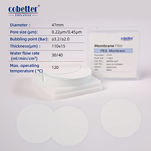 Image of PES Membrane Filters, 47mm, 5.0 m, Hydrophilic, 100PCS | Hydrophilic PES Membrane Disc Filters, Non-sterile, pH 3-14, For aqueous solutions