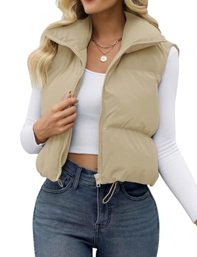 JZC Women's Crop Vest Lightweight Sleeveless Coat Winter Warm Outerwear Puffer Vest Padded Gilet Khaki Medium