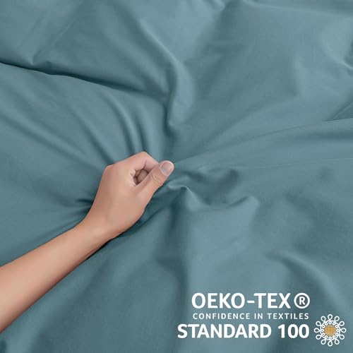 Image of JELLYMONI Cotton Duvet Cover Queen Size - Grayish Blue Comforter Cover with Button 100% Washed Cotton 3PCS Breathable Soft Solid Bedding Set Duvet Cover 90x90in & 2 Pillowcases (NO Comforter)