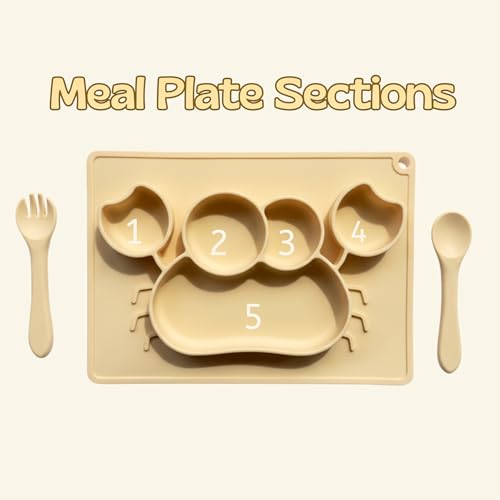 Image of Silicone Baby Meal Plate Set with Spoon & Fork | Crab Shaped | Banana Yellow | 5 Section Divided Plate for Toddlers | Food Grade Kids Feeding Set | Microwave Dishwasher Safe