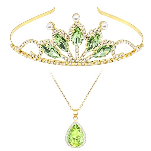 QXDBNXQ Princess Crown Costume Accessories for Women Adult Green Tiara and Necklace Set for Halloween Dress Up