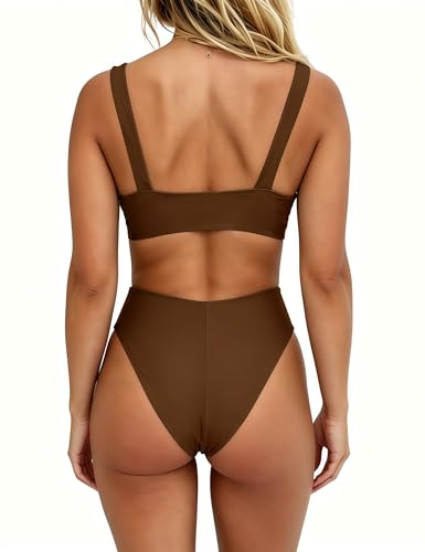Image of geluboao Bikini Set for Women Solid V Neck Knot Front Push Up High Leg Thong Two Piece Swimsuit