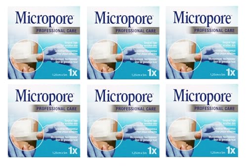 Micropore Surgical Tape for Sensitive Skin, Hypoallergenic Medical Tape - 1.25cm x 5m (6 Rolls) - Professional Care Adhesive Tape for Wound Care, Eyelash Extensions, Lash Laminating & First Aid
