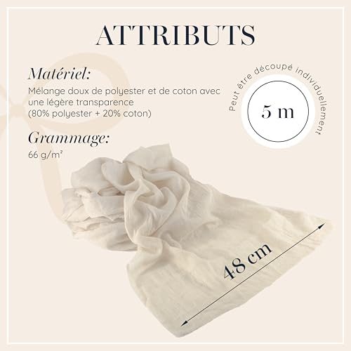 Tissu de décoration mousseline beige natural 48cm x 5m