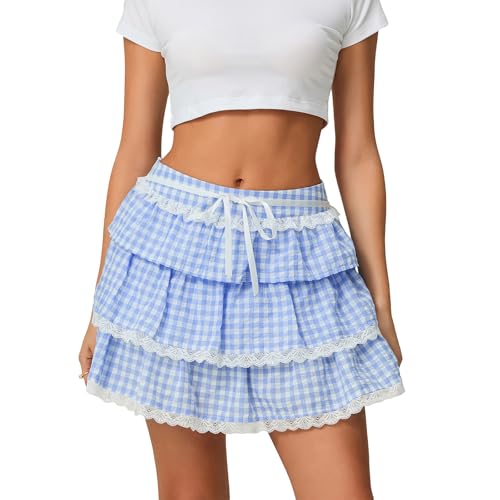 Gingham Mini Skirts for Women Y2K Bow Plaid Ruffle Flowy Layered Short Skirt Cute Boxer Cosplay Party Streetwear