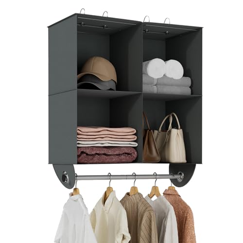YOUDENOVA 4-Section Hanging Closet Organizer and Storage, Heavy Duty Hanging Shelves with Rod, Closet Storage for College Dorms, RV, Dark Grey