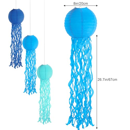 Image of Set of 6 Hanging Jellyfish Paper Lanterns Blue Jellyfish Decor for The Sea Ocean Party, Mermaid Birthday Decoration, Baby Shower, Nautical Events (Blue)