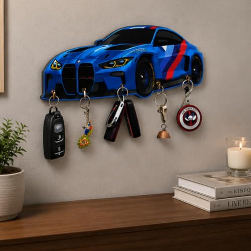 Image of Webelkart MDF UV Printed Key Holder for Wall with 5 Hooks - Decorative Wooden Key Hanger Organizer for Home, Office, Entryway - Wall Mounted Key Stand (12 INCHES) (Blue)