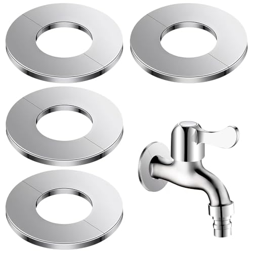 COMVASTARS 4Stück Edelstahl Rosetten Abdeckung Selbstklebende Dekorative Abdeckung Für Wasserhähne Geteilter Flansch,Wasserhahn-Abdeckung,Bekorative Abdeckungen Für Rohre,ID 53mm/OD 140mmRund(Silber)