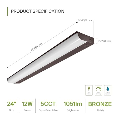 Image of ASD LED Under Cabinet Lighting Hardwired, 24 Inch 12W 2700K-5000K Selectable, 1051LM, CRI90+, Direct Wire Linkable Under Counter Lights for Kitchen, Dimmable Under Cabinet Lights, Bronze, UL Certified