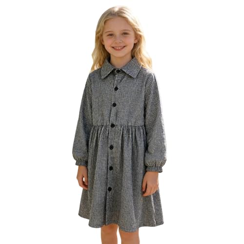 Saxrel Vestido camisero con cuello de muñeca a cuadros para niñas, vestido de manga larga abombada, vestido plisado casual con botones frontales, falda midi ligera para días escolares y caminatas, 1