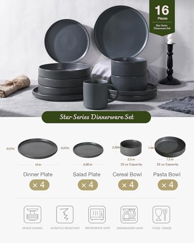 Image of Famiware Star Dinnerware Set with Pasta Bowls, Service for 4 (16pcs), Ribbed Stoneware Plates and Double Bowls Dishes Sets - Chip & Scratch Resistant, Microwave & Dishwasher Safe, Matte Dark Charcoal