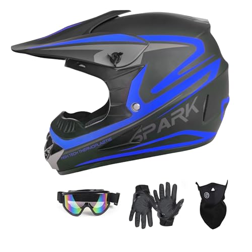 Youth Adult Dirt Bike ATV Helmet Motocross Anti-Collision Full Face Motorcycle DOT Approved BMX Downhill Off-Road Mountain Bike Helmet with SUV Goggles Gloves Face Shield (Blue, X-Large)
