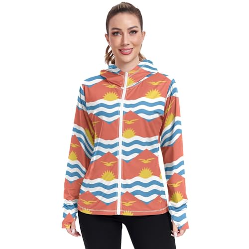 Kiribati Flag Women's UPF 50+ Sun Protection Hoodie Jacket Lightweight Long Sleeve Sun Shirt with Pocket Multicoloured