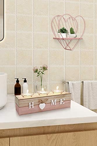 Afuly Pink Candle Holders Wooden Tea Light Holder Rustic White Heart for Living Room Bathroom Shabby Decor Set of 3