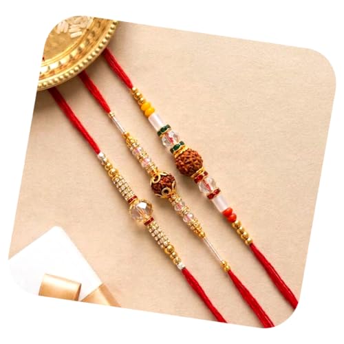 Image of Peora CZ Pearl & Crystals Studded Thread Rakhi for Brother Bhaiya | Combo Set of 3 | Raksha Bandhan Hamper with Roli Chawal & Greeting Card