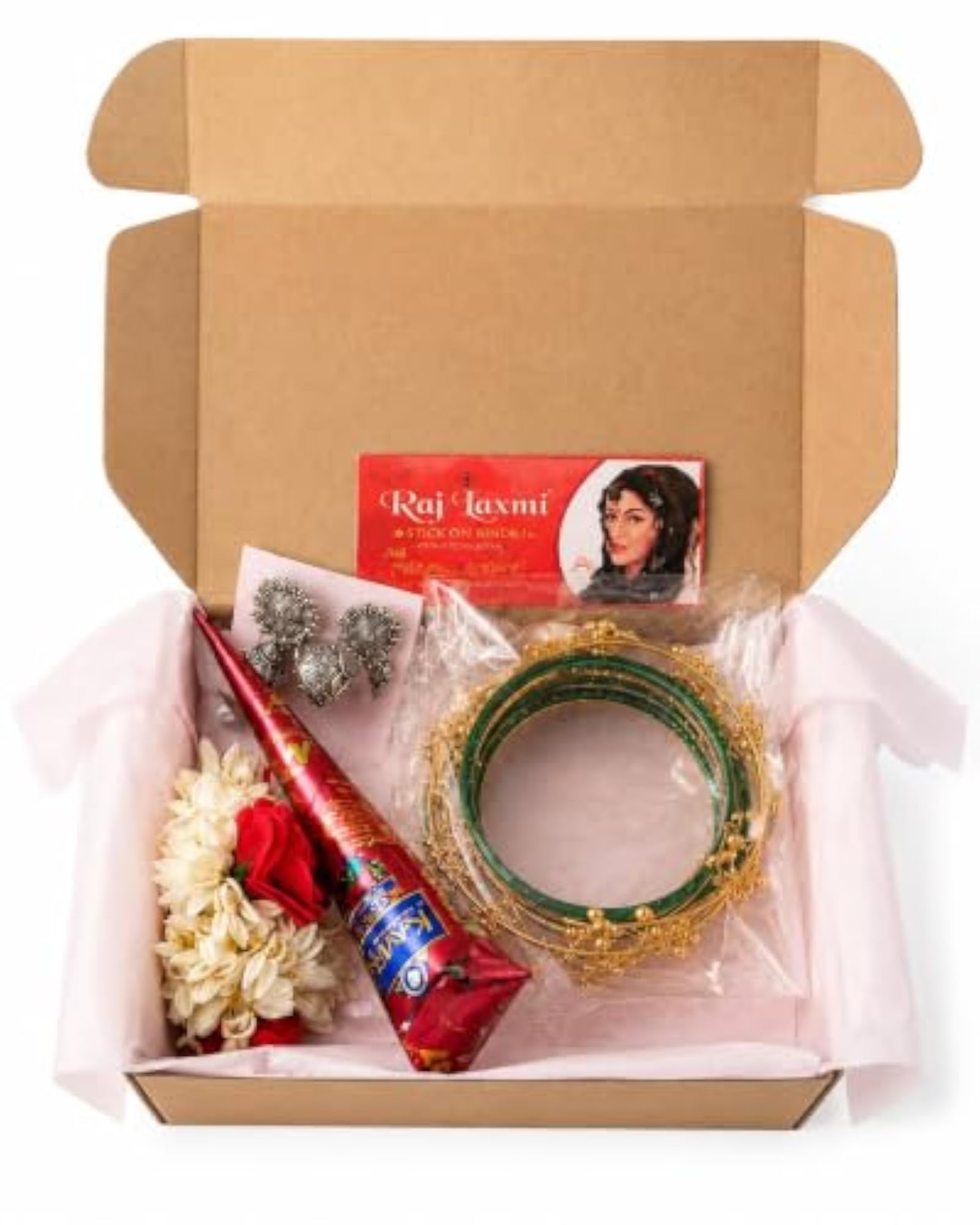 Teej Sawan Hamper with Mehndi, Green Bangles, Gajra & Jhumke