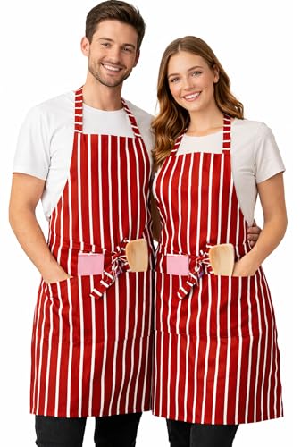 IBEX Polycotton Stripe Butcher Bib Apron with Pocket, Professional Home Kitchen Apron for Restaurants, Bar Staff, Chefs, Waiters, Caterers, Baking, Red/White