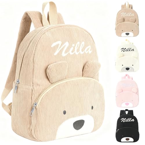 Générique Sac a Dos Enfant Maternelle Fille & Garcon, Sac a Dos Personnalisé Enfant Prenom,Velours Côtelé Petit Cartables Bebe Personnalisable, Sac d'école pour Creche Ecole Voyage (Kaki)