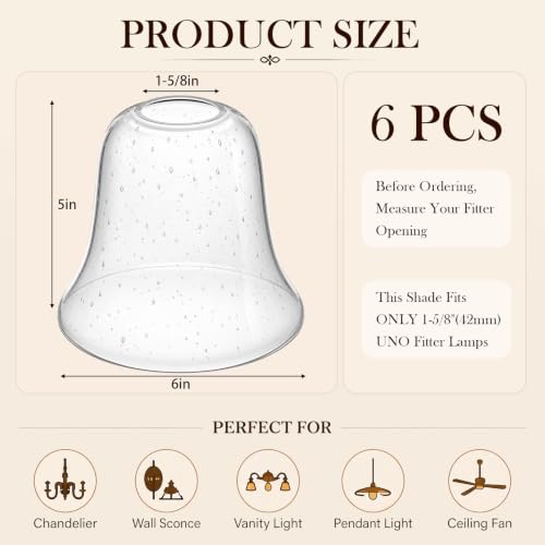 Image of Teenyyou 6 Pcs Bubble Seeded Bell Shaped Glass Lamp Shade Replacement | Globe Ceiling Fan Light Cover with 1-5 /8'' (42mm) Fitter for Chandelier Wall Sconce Pendant Light Bathroom Vanity Fixture