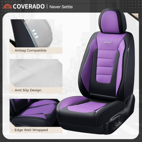 Image of Coverado Car Seat Covers Front, Seat Covers for Cars, Waterproof 2-Pack Car Seat Cushions, Leather Carseat Seat Protectors, Universal Seat Covers Fit for Most Sedans SUV Pick-up Trucks(Black&Purple)