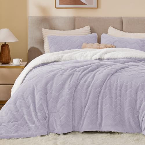 Image of BEDELITE Fluffy Sherpa King Comforter Set,Lavender | Super Soft & Warm Fleece Bedding, Luxury Fuzzy Comforter for Winter, Heavy Plush Bedding Set,2 Pillowcases