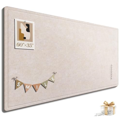 Large Bulletin Board, 60 X 35 Inches Felt Cork Board with 40 Pushpins, Foldable Felt Notice Pin Board Photo Display Board with Self-Adhesive Tape for Office Home School (Oatmeal, 60x35 inch)