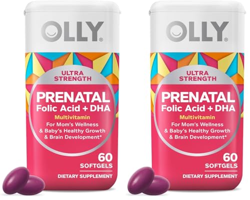 OLLY Ultra Strength Prenatal Multivitamin Softgels, Supports Healthy Growth, Brain Development, Iron, Folic Acid, DHA, Vitamins C, E, 30 Day Supply-60 Count (Pack of 2)