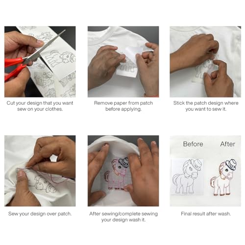 Image of Embroiderymaterial Stick and Stitch Embroidery Patches Patterns, Water Soluble Wash Away Embroidery Transfer Stabilizer Paper with Pre-Printed Unicorn Designs, Threads, Needle & Cutter for Sewing