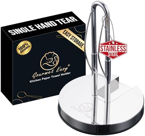 Single Hand Tear Paper Towel Holder, Anti-Slip Kitchen Towels Stand, Adjustable for Various Roll Sizes, Super Space Saver Foldable Stainless Steel Hand Towel Holder, Heavy Duty with 5-Year Warranty
