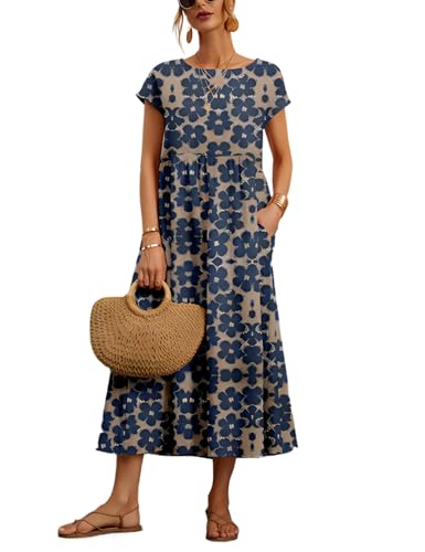 Image of LARMLISS Baggy Crew Neck Dress for Women Summer Casual Comfy Cotton Short Sleeve Tunic Beach Maxi Dresses with Pockets