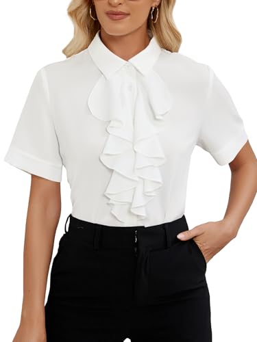 Vrtige Women's Collar Neck Button Down Ruffle Front Short Sleeve Shirt Blouse Work Top