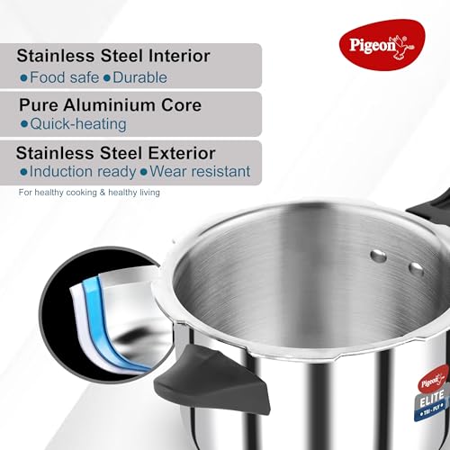 Image of Pigeon By Stovekraft Elite Shine 5Liters Tri-Ply Body Outer Lid Pressure Cooker Induction And Gas Stove Compatible That Distributes Heat Evenly For Uniform Cooking (Stainless Steel, Silver)